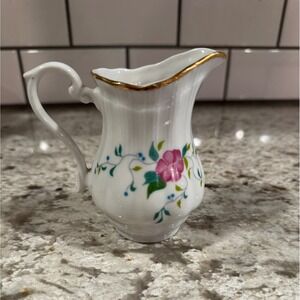 Walbrzych Poland Porcelain Floral Creamer Pink Flower Gold Rim Ribbed Vintage